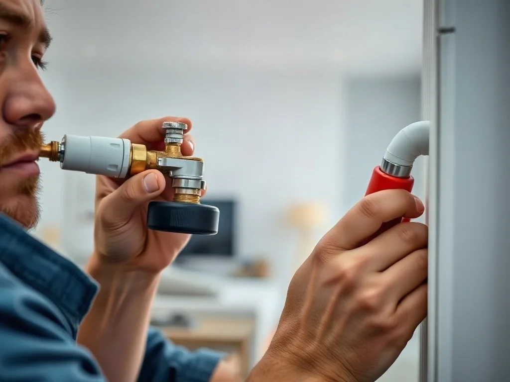 Hydraulik montuje nowoczesny zawór termostatyczny na rurze grzejnika w jasnym, minimalistycznym salonie.